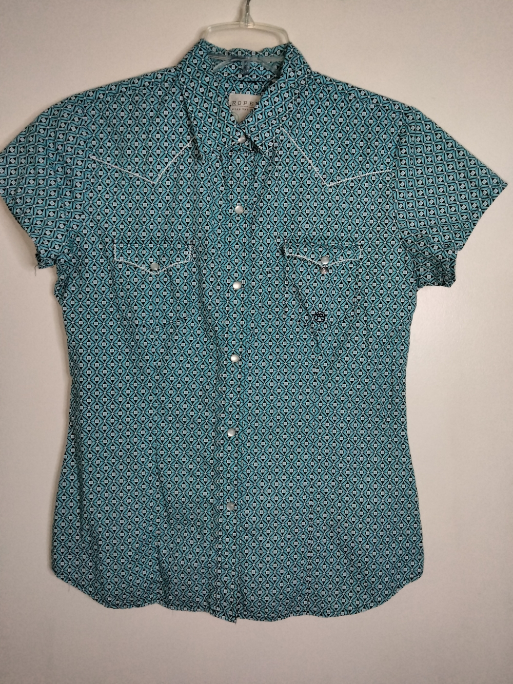 Roper -M- Teal Geometric Short Sleeve Pearl Snap Button-Down Western Chic Shirt